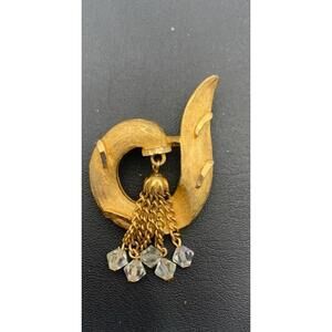 Vintage Gold Tone Art Nouveau Style Brooch W Dangle‎ Beads